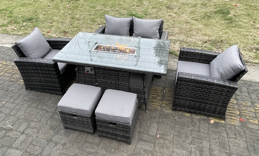 Image 2: 6-Seater Rattan-Effect Sofa Set with Gas Firepit Dining Table 