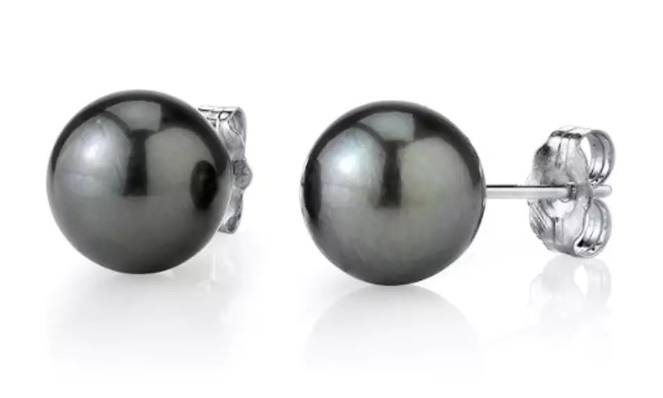 White Gold Plated Round 8 MM Black Freshwater Cultured Pearl Stud Earrings - Second Medium