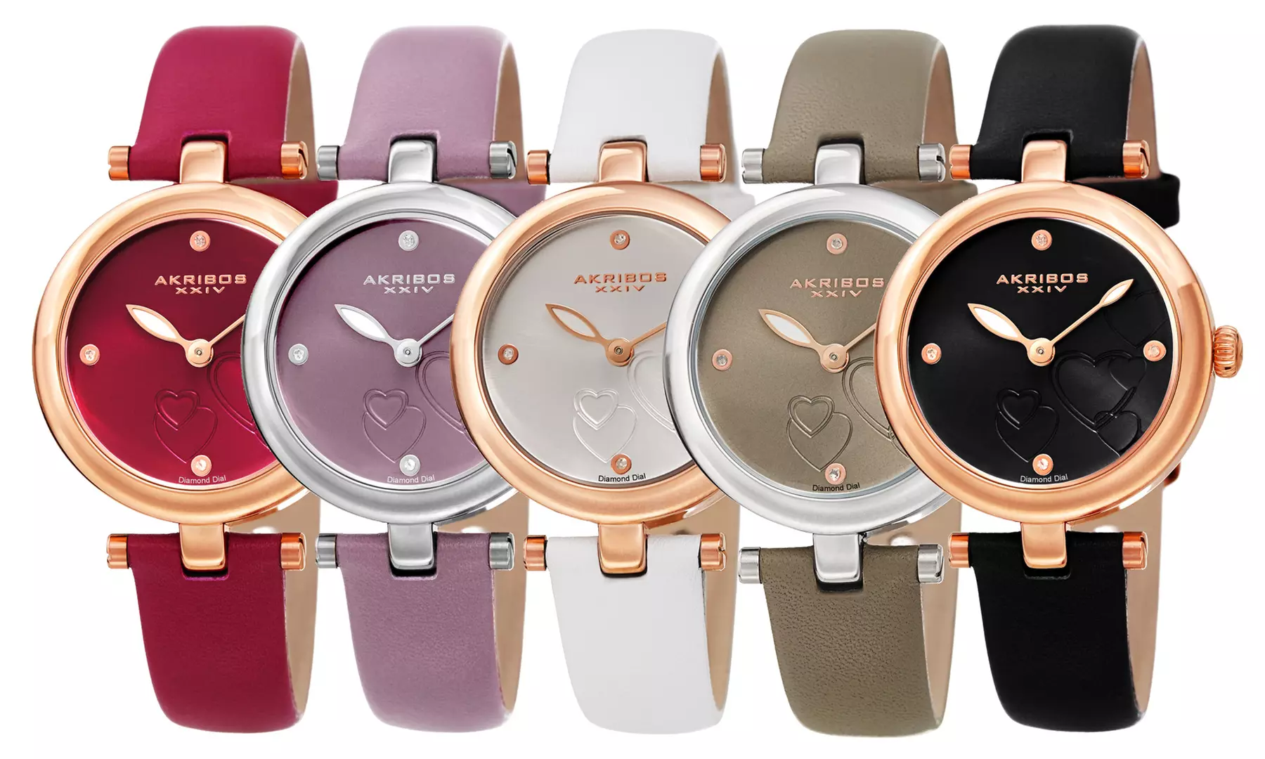 Women's Akribos XXIV AK1044 Heart Embossed Diamond Marker Leather Strap Watch - Primary Image