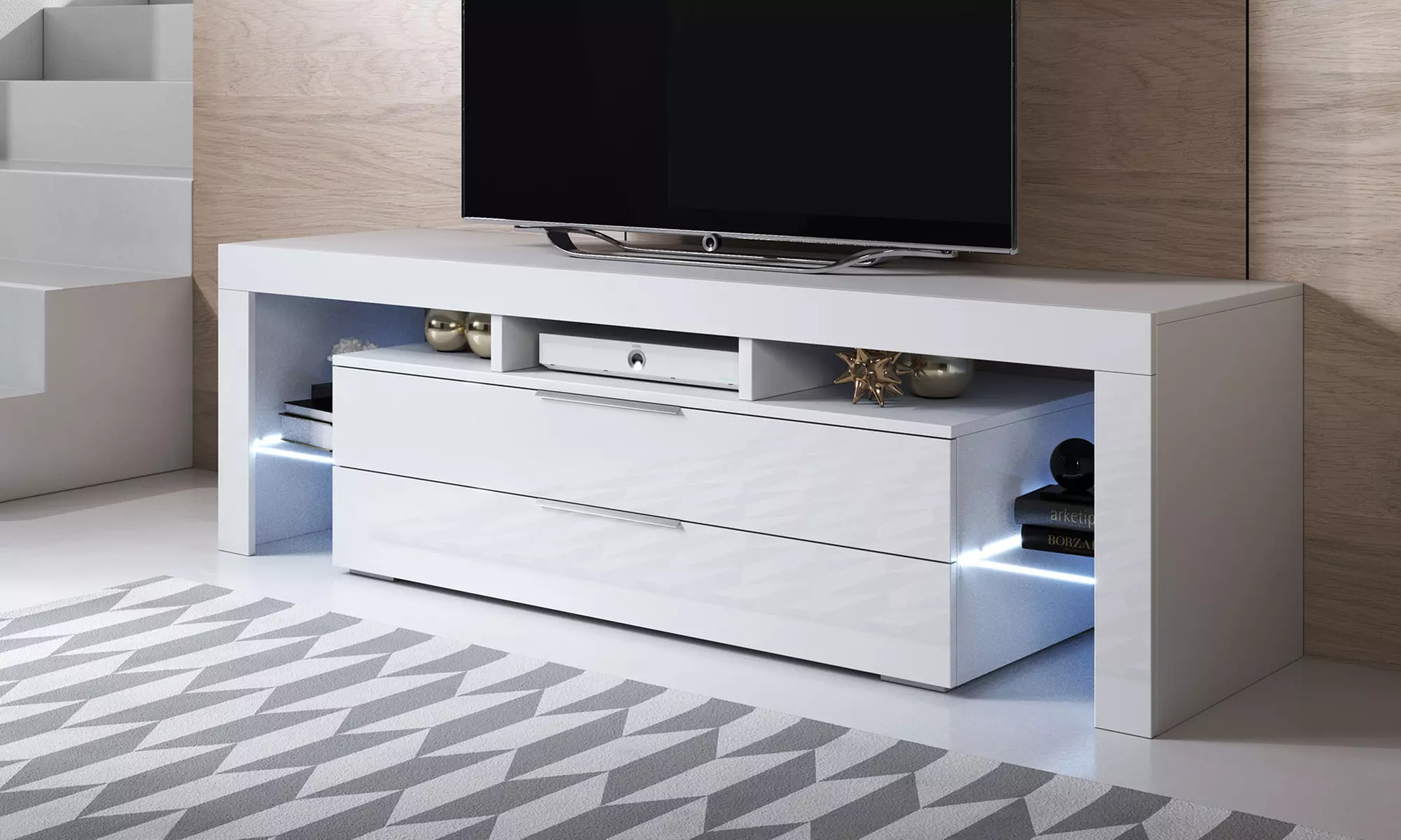 Meuble TV Sayen avec 2 tiroirs et 3 compartiments dont 2 séparés par du verre - Primary Image