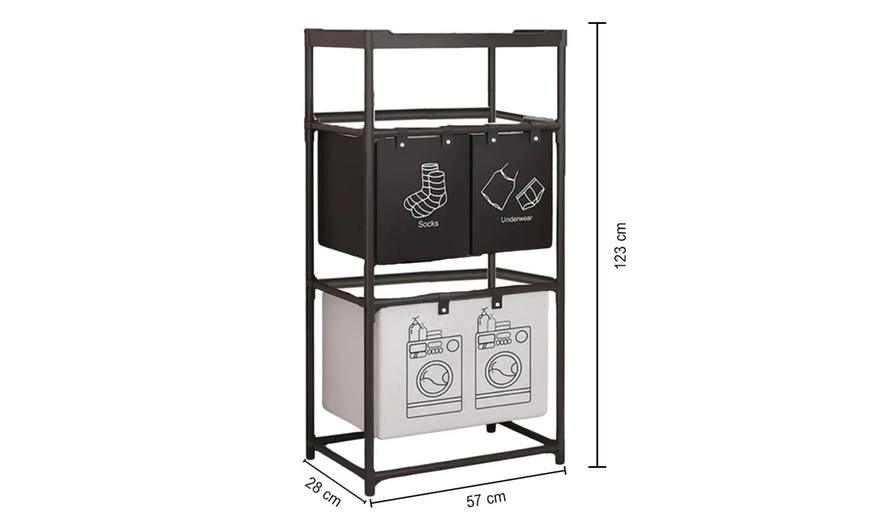 Image 3: Panier à linge design 3 compartiments avec étagère intégrée