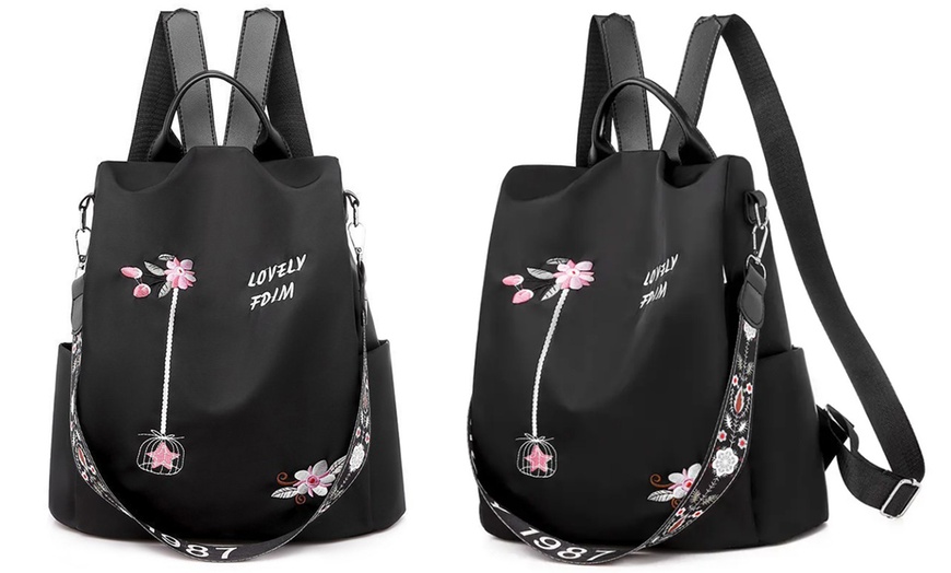 Image 3: Women's Floral Embroidered Anti-Theft Backpack