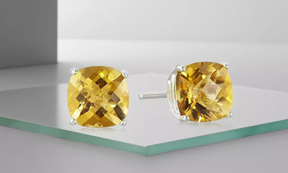Paris Jewelry White Gold Plated 6mm Cushion Created Citrine Stud Earrings