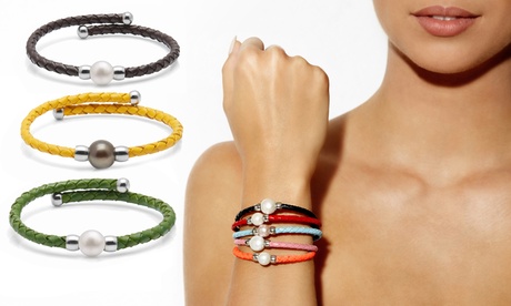 1 o 3 bracciali in pelle con perla d'acqua dolce disponibili in vari colori