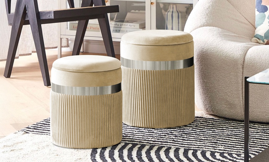Image 1: 2er-Set zylindrische Samt-Poufs mit Stauraum