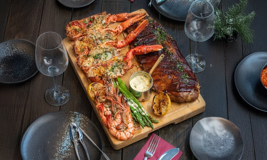 Image 3: Surf & Turf: Whole Lobster, Ribs & Seafood Platter with Bottle of Wine