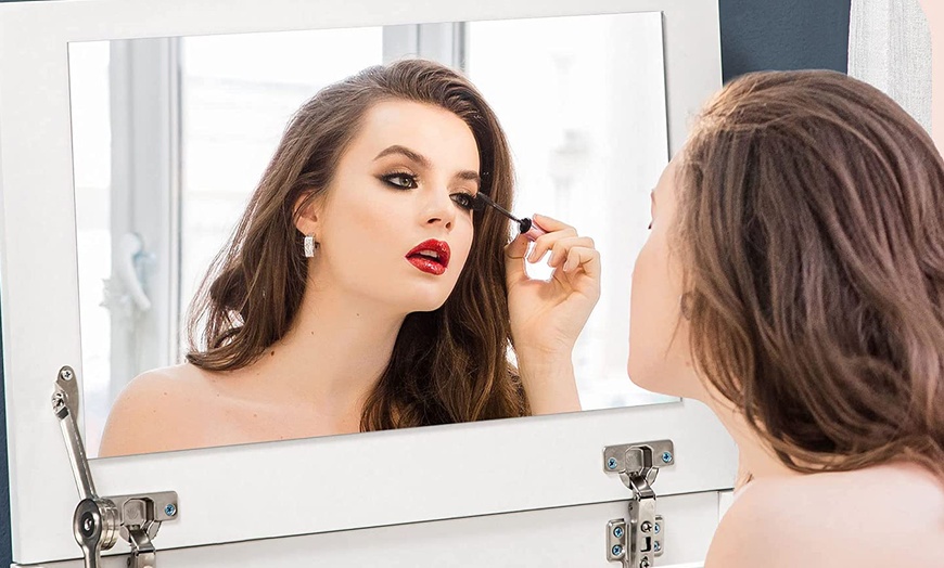 Image 3: HomCom Dressing Table with Flip-up Mirror and Storage Stool