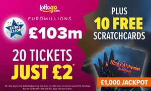 Get 20 EuroMillions Tickets for £2* + 10 Free Scratchcards