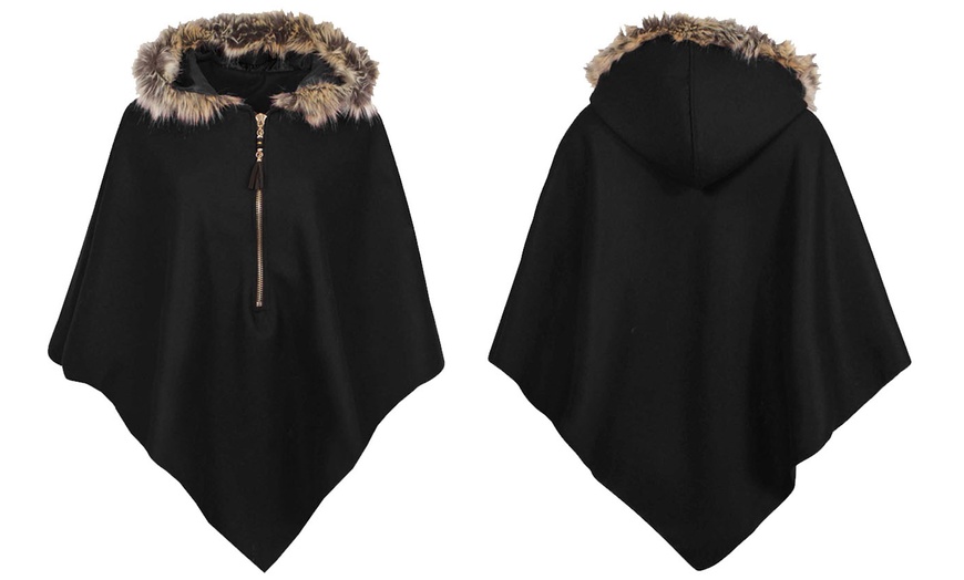 Image 16: Ladies Fur Trim Hooded Cape 