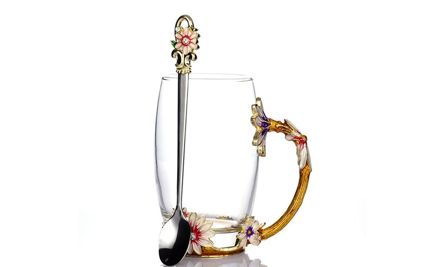 Image 2: Colourful Flower Glass Teacup with Spoon