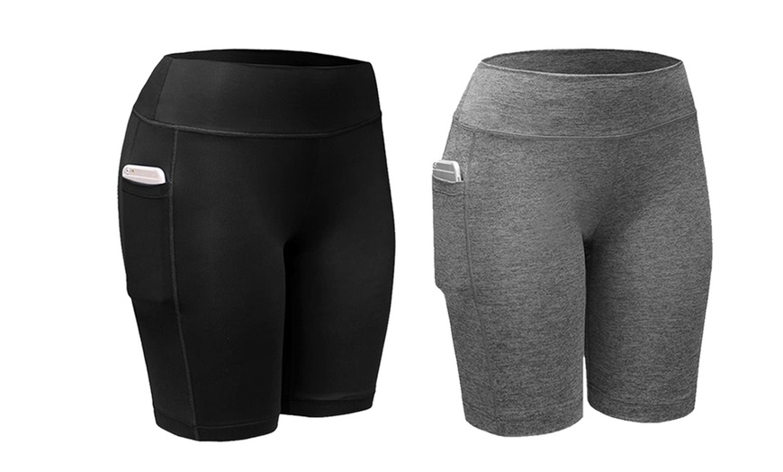 Image 5: Women Activewear Workout Bike Yoga Shorts Stretch Mid Thigh Leggings with Pocket