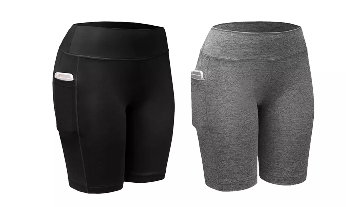 Women Activewear Workout Bike Yoga Shorts Stretch Mid Thigh Leggings with Pocket