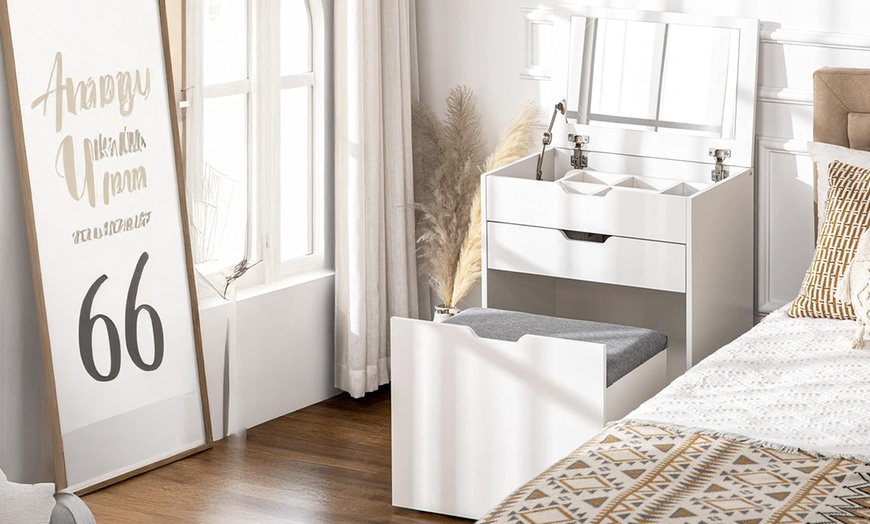 Image 5: HomCom Dressing Table with Flip-up Mirror and Storage Stool