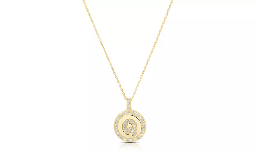 Crystal Round Disc Initial Pendant Necklace in 14K Gold Plated