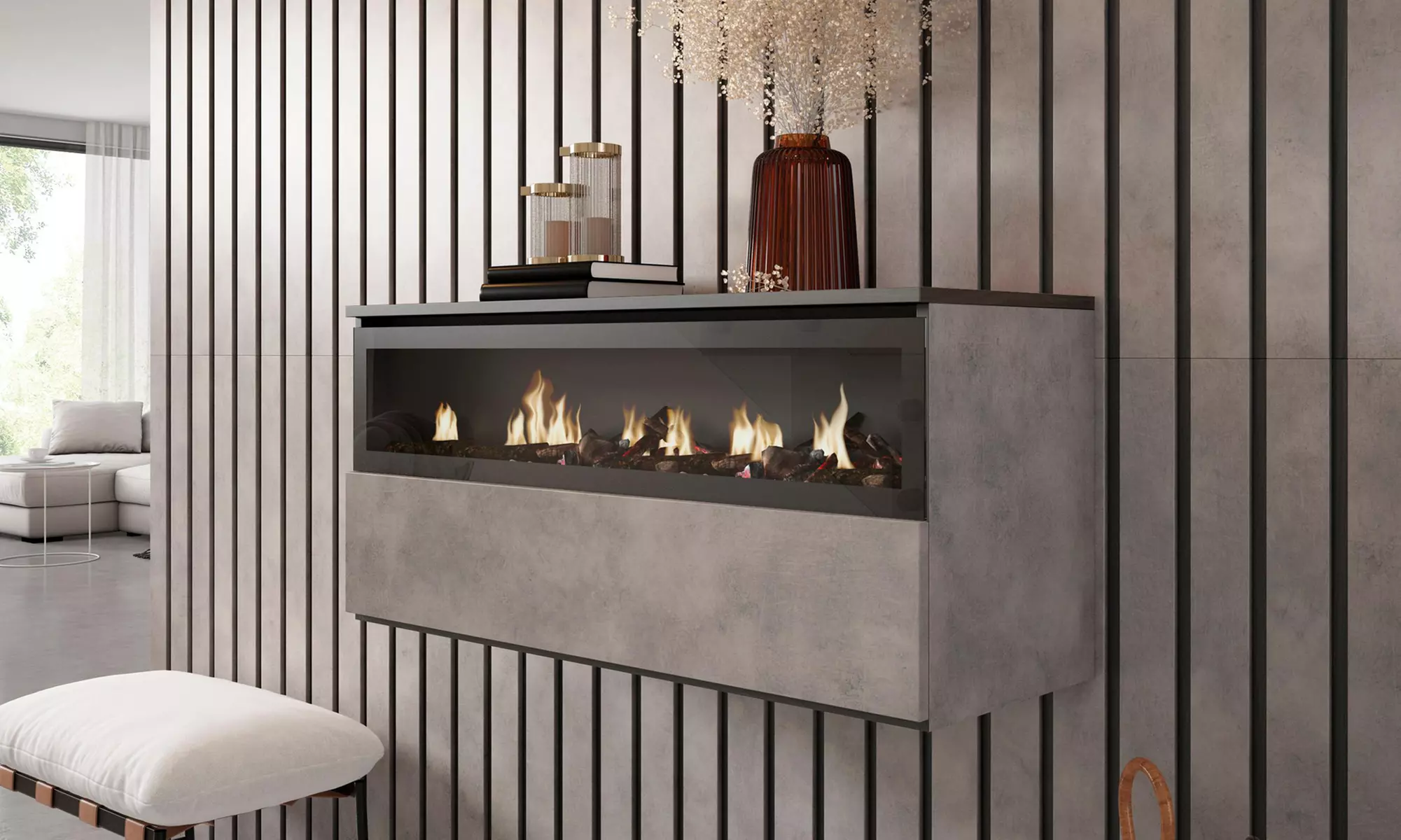 Elektrischer LED-Kamin COZY mit 3D-Feuereffekt, opt. mit Hängeboard