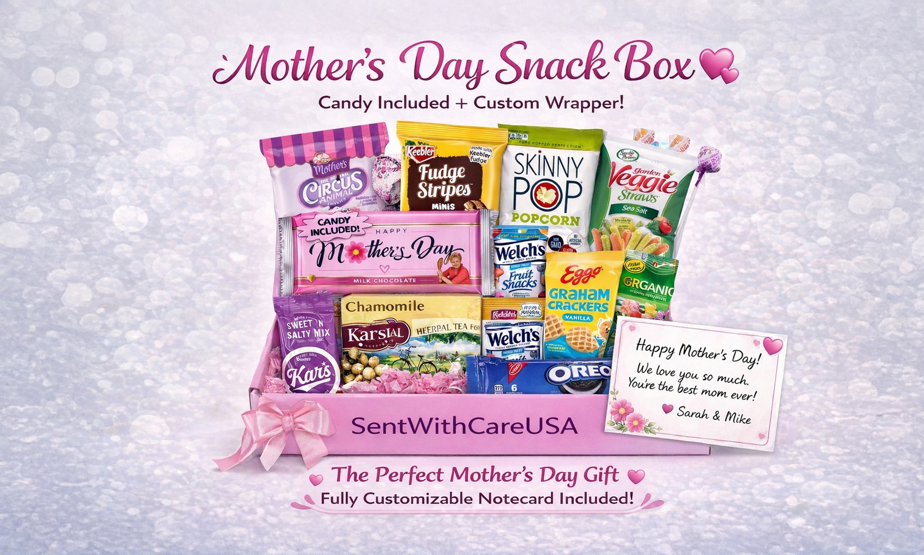 Mothers Day Gift Box - Snack Basket for Mom + Custom Chocolate Bar