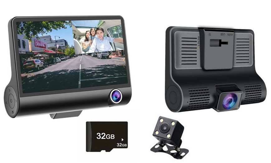 Image 1: Dashcam mit Dreifachansicht, opt. mit 32-GB-Speicherkarte