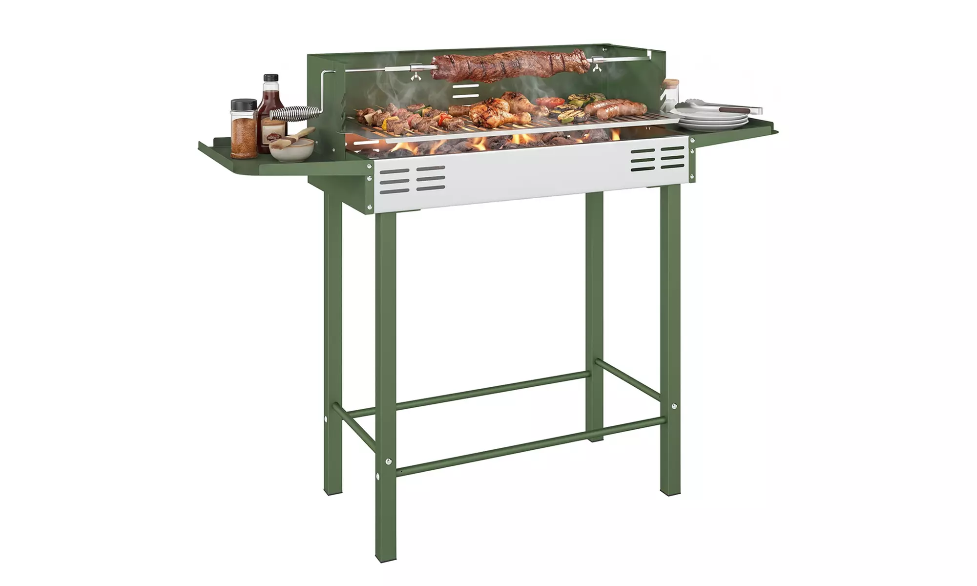 Outsunny Charcoal BBQ Grill with Rotisserie Spit and Side Shelves