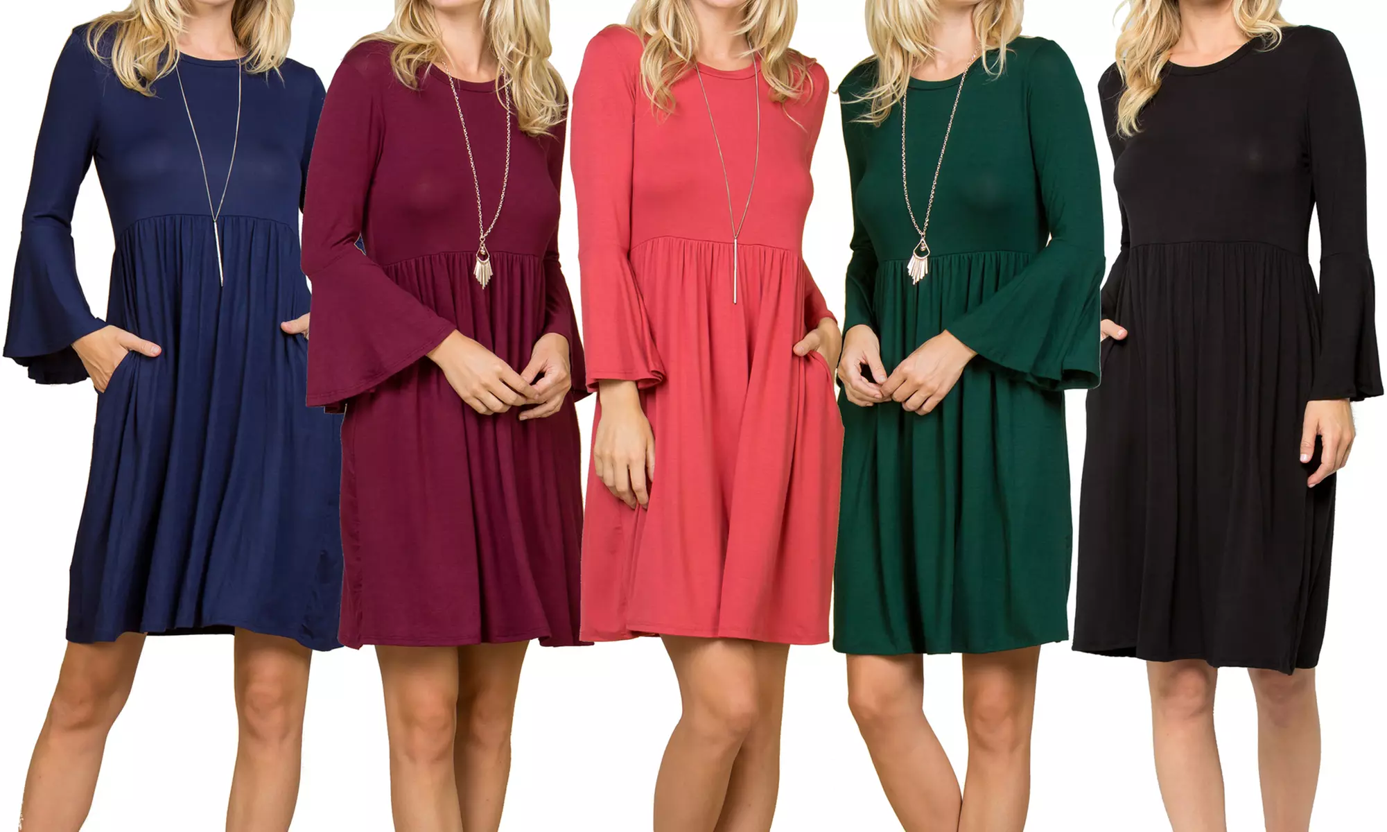 Acting Pro Solid Ruffled Bell Sleeves Dress with Pockets. Plus Sizes Available. - Primary Image