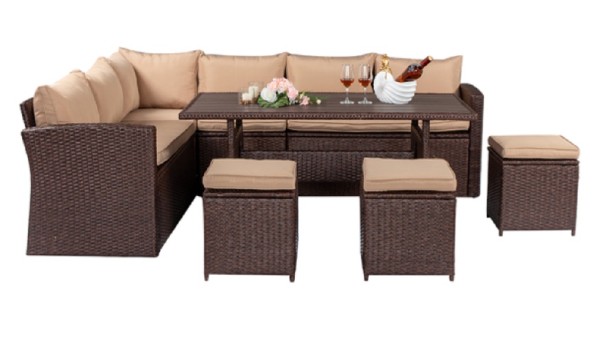 Image 3: Eight-Piece Outdoor Rattan-Effect Dining Set