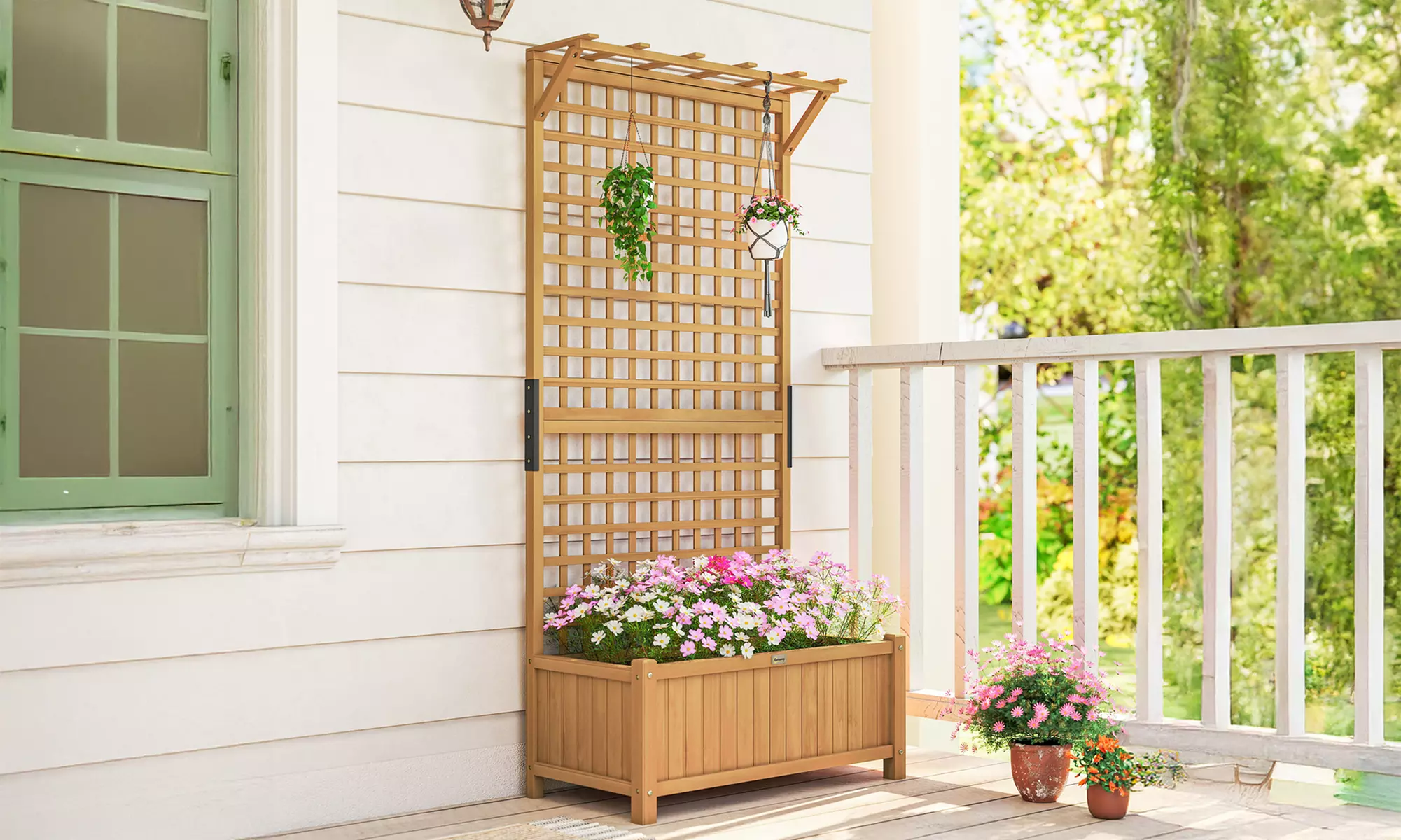 Outsunny Wooden Garden Planter with Trellis and Hanging Roof