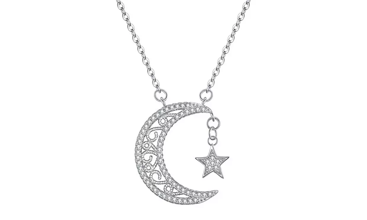 Crescent Moon Star Crystal Necklace Made With Crystals From Swarovski