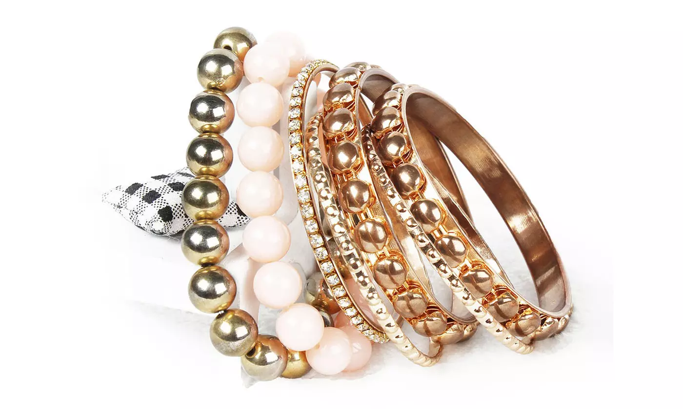 Retro Burnished Gold Inlaid Rhinestones Bangle Bracelet Set (7-Piece)