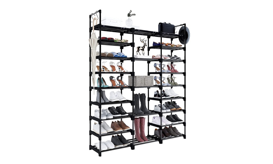 Image 1: Three-Column Nine-Tier Black Metal Shoe Rack