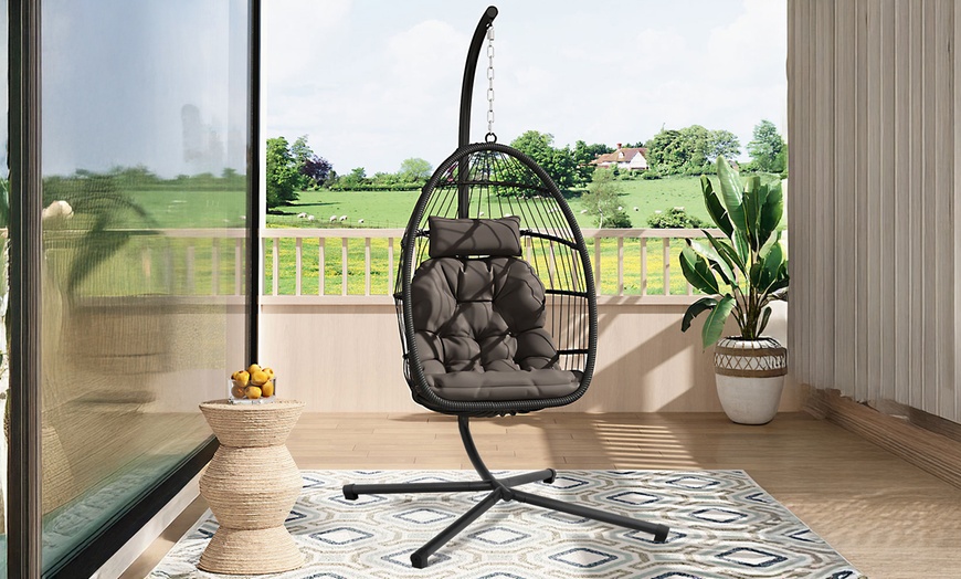 Image 46: Outdoor Cosy Rattan-Effect Hanging Egg Chair with Cushion