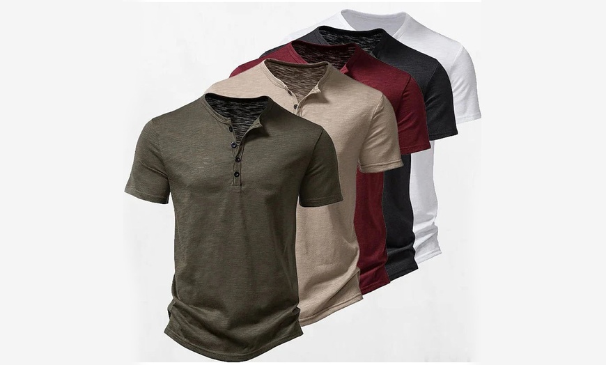 Image 1: Men's Solid Colour Henley Collar Polo T-Shirt