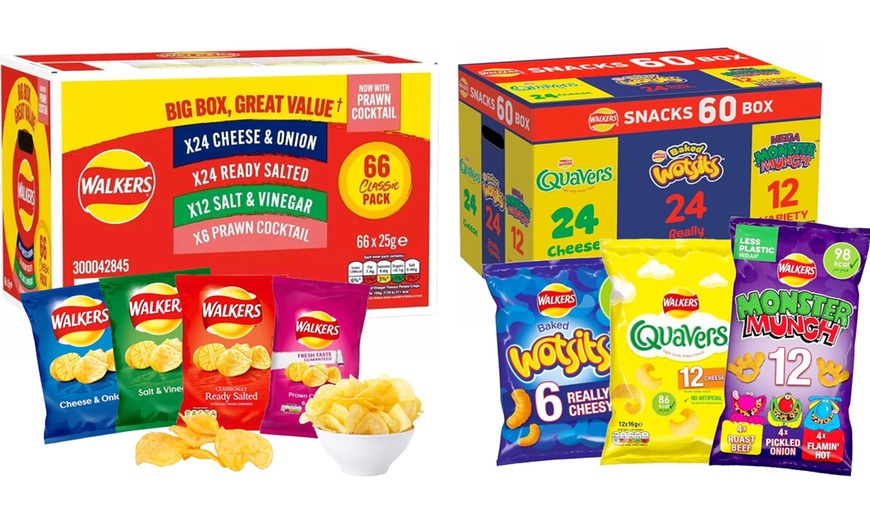 Image 1:  66-Pack Walkers Crisps or 60-Pack Snacks Variety Box (Quavers, Wotsits & Monster Munch) – Perfect for Family Snacking
