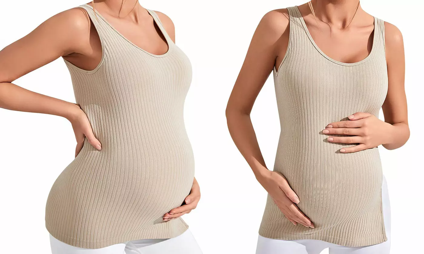 Women's Maternity Henley Tank Top - Split Side Knit Sleeveless Shirt