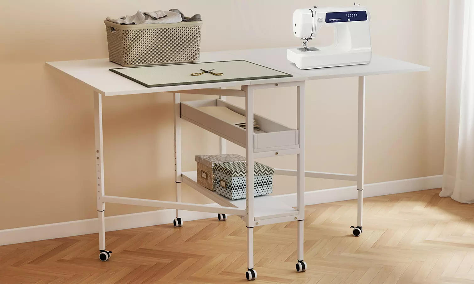 Levede Adjustable Sewing Table with Storage Shelves & Lockable Wheels