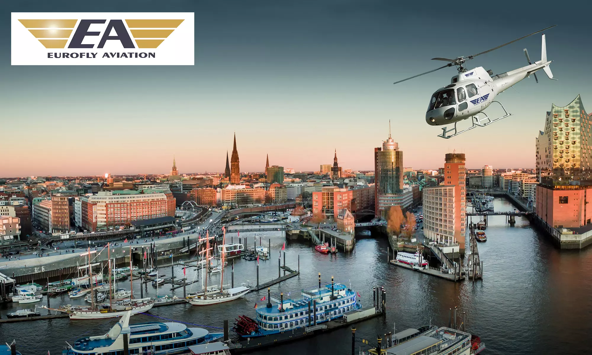 30 Minuten Skyline-Hubschrauber-Rundflug über Hamburg für 1 oder 2 Personen bei Eurofly Aviation (17% sparen) - Primary Image