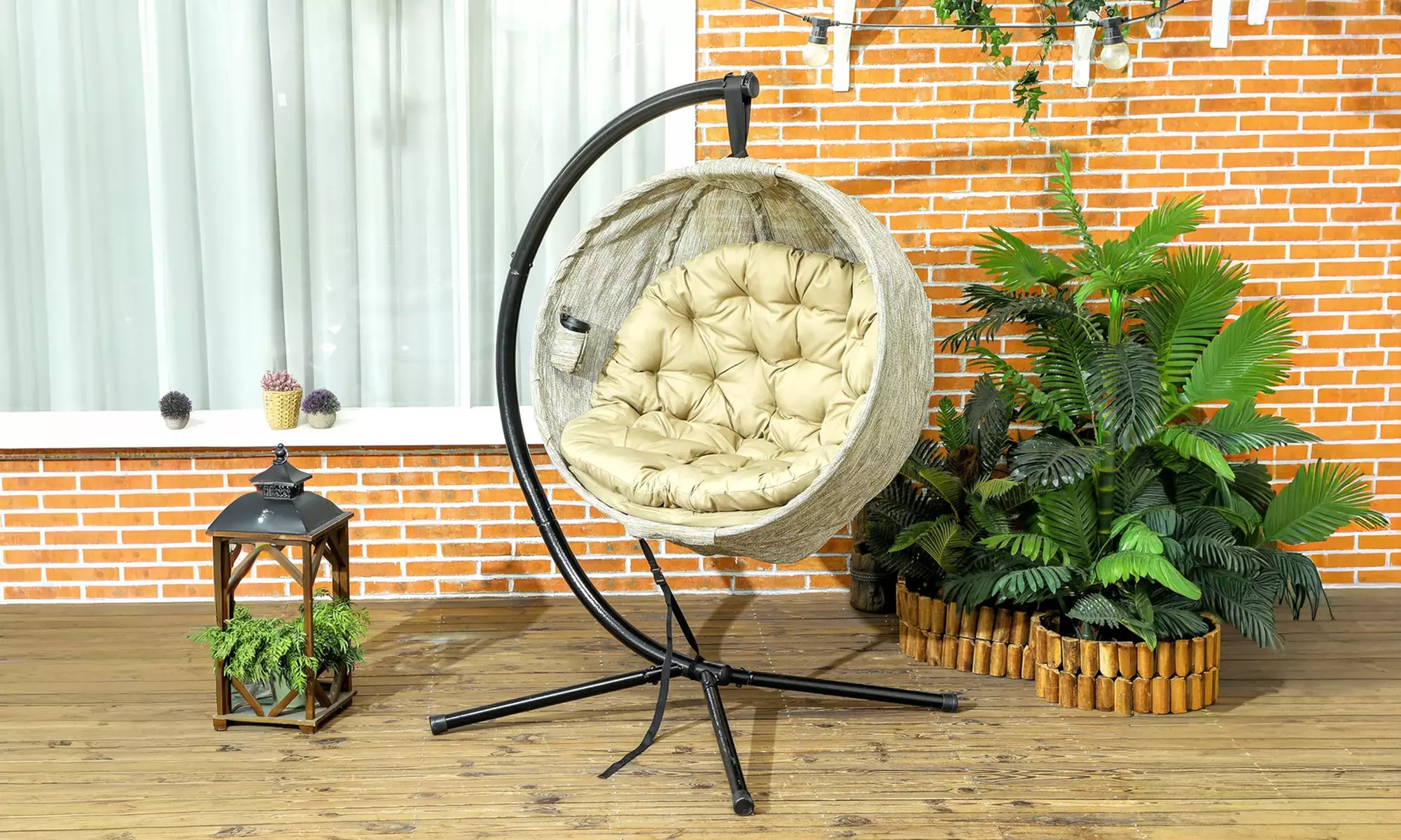 Outsunny Outdoor Egg Swing Chair with Cushion and Cup Holder