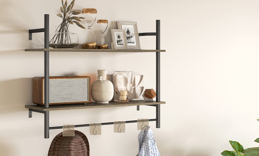 Image 3: HomCom Wall Shelf Unit with Four Hooks for Living Room, Entryway