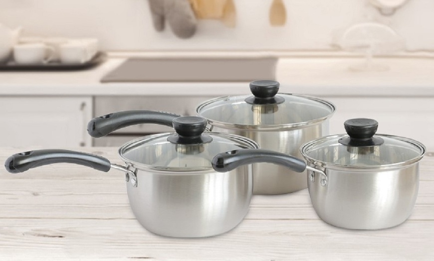 Image 1: Three-Piece Stainless Steel Cookware Saucepan Set