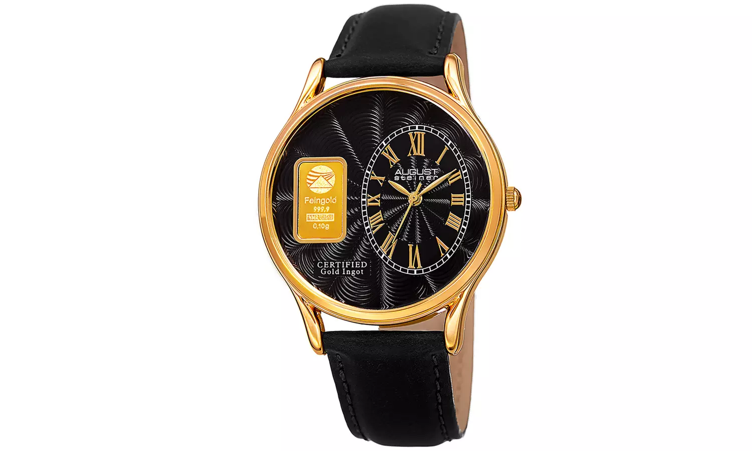 August Steiner Men's Quartz Watch with Leather Strap and Gold Ingot - Second Medium