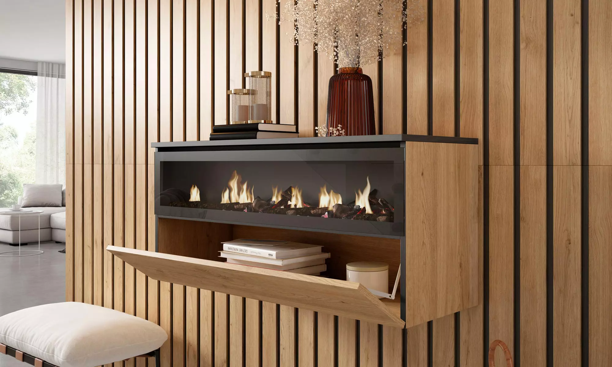 Elektrischer LED-Kamin COZY mit 3D-Feuereffekt, opt. mit Hängeboard