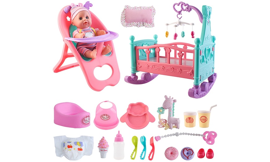 Image 1: deAO 14'' ‘My First Baby Doll’ 15-Piece Play Set