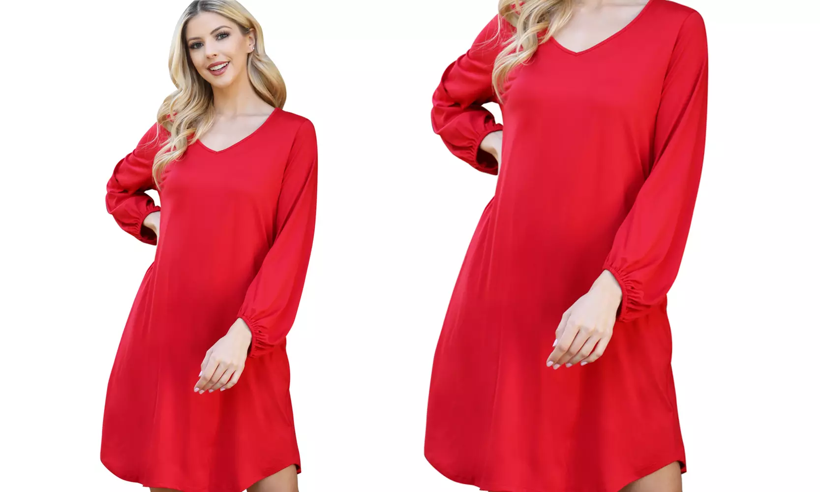 Riah Fashion Solid V-Neck Tunnel Long Sleeve Dress