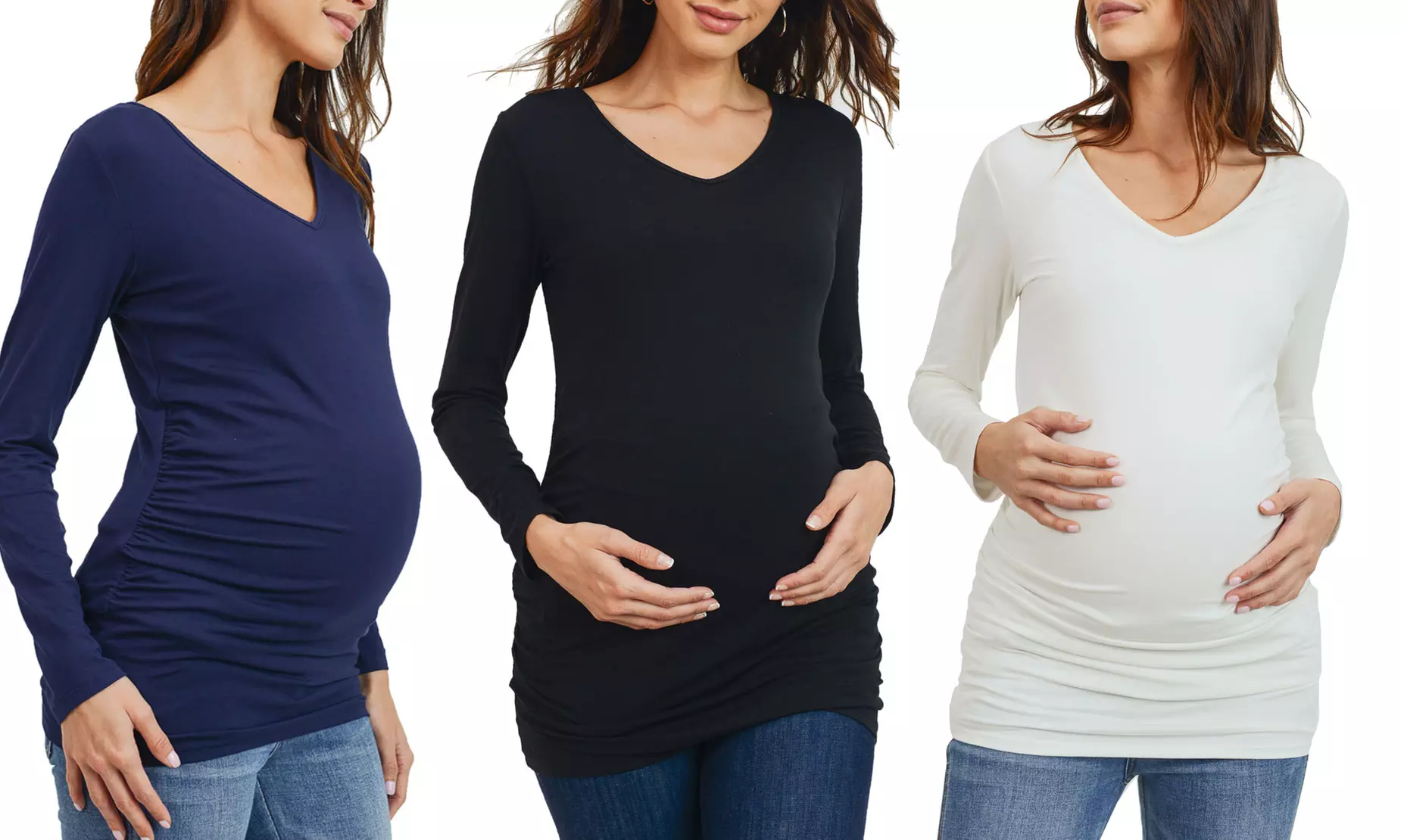 (3-Pack) Hello Miz Maternity Long Sleeve V-Neck T-Shirts with Ruching - Primary Image