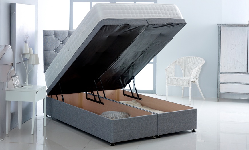 Image 2: Linen Ottoman Divan Bed with Mattress and Chesterfield Headboard
