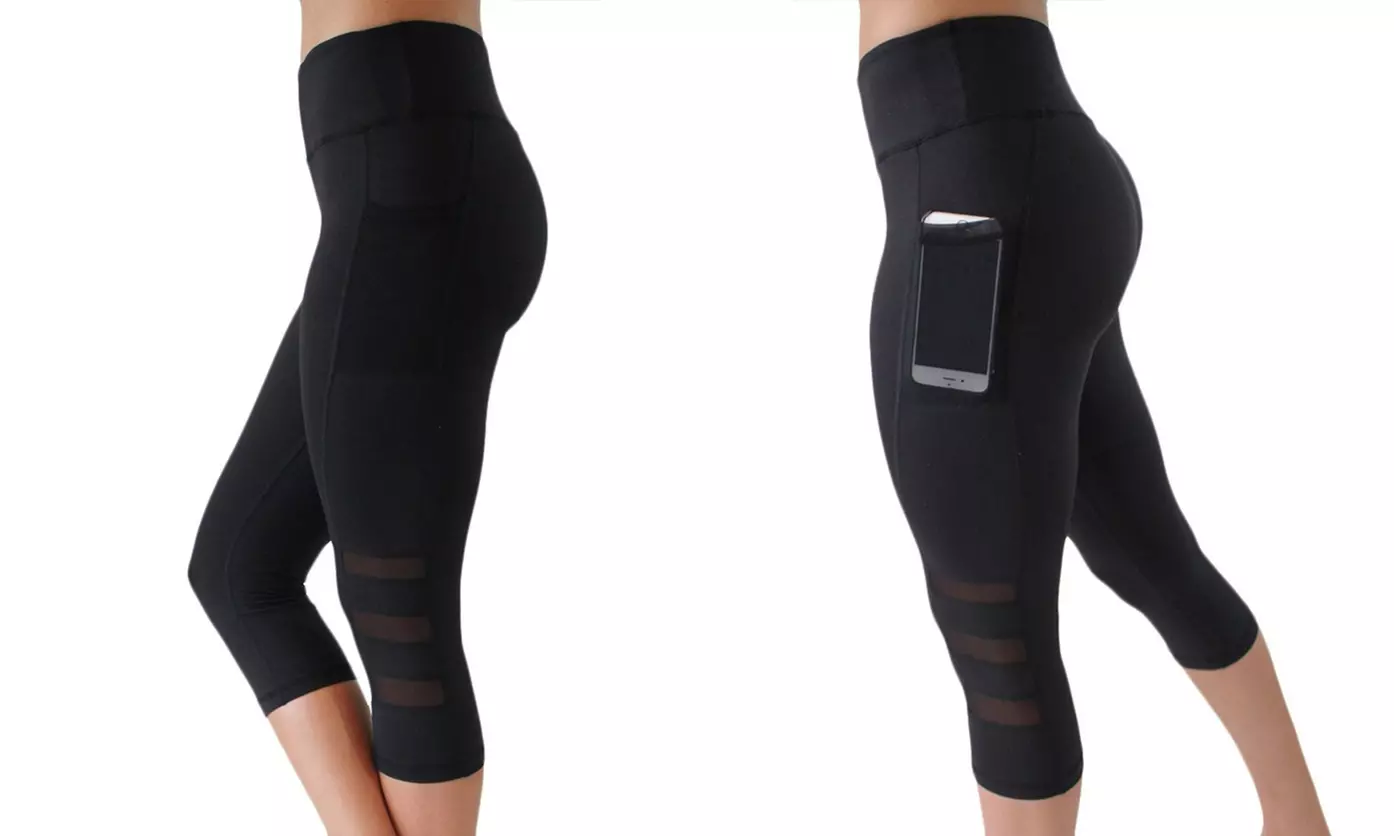 Women Side Pocket Mesh Splice Tummy Control High Waist Capri Leggings Yoga Pants
