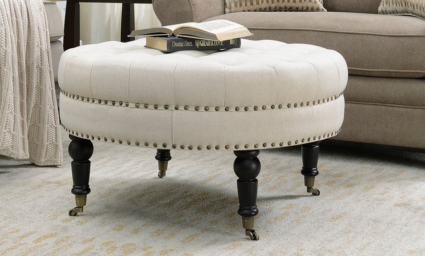 Belleze Ravenna Large Round Tufted Cream or Grey Ottoman with Wheels ...