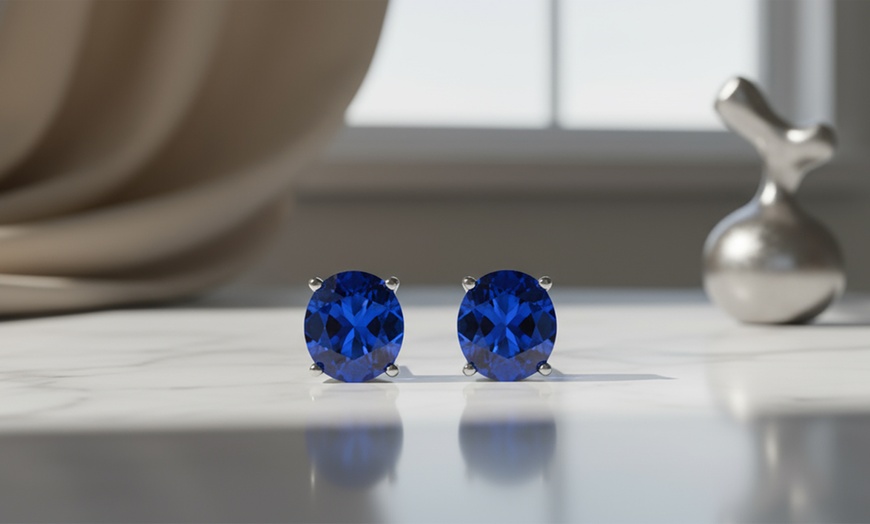 Image 1: Paris Jewelry 14k White Gold Plated Round 5 MM Blue Sapphire Stud Earrings