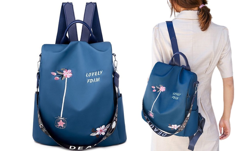 Image 19: Women's Floral Embroidered Anti-Theft Backpack