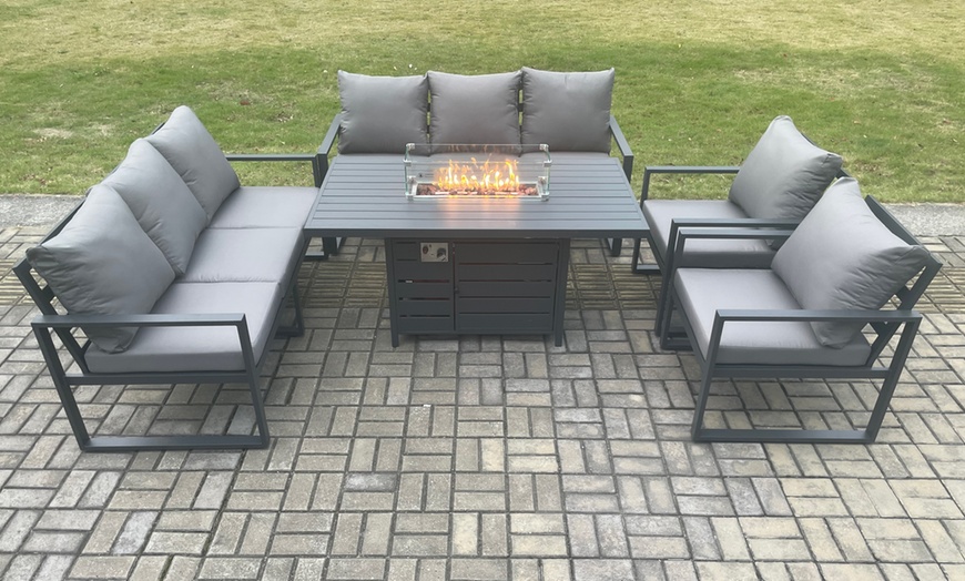 Image 2: Aluminium 5 Piece Garden Sofa Set with 8 Seater Cushion Gas Fire Pit