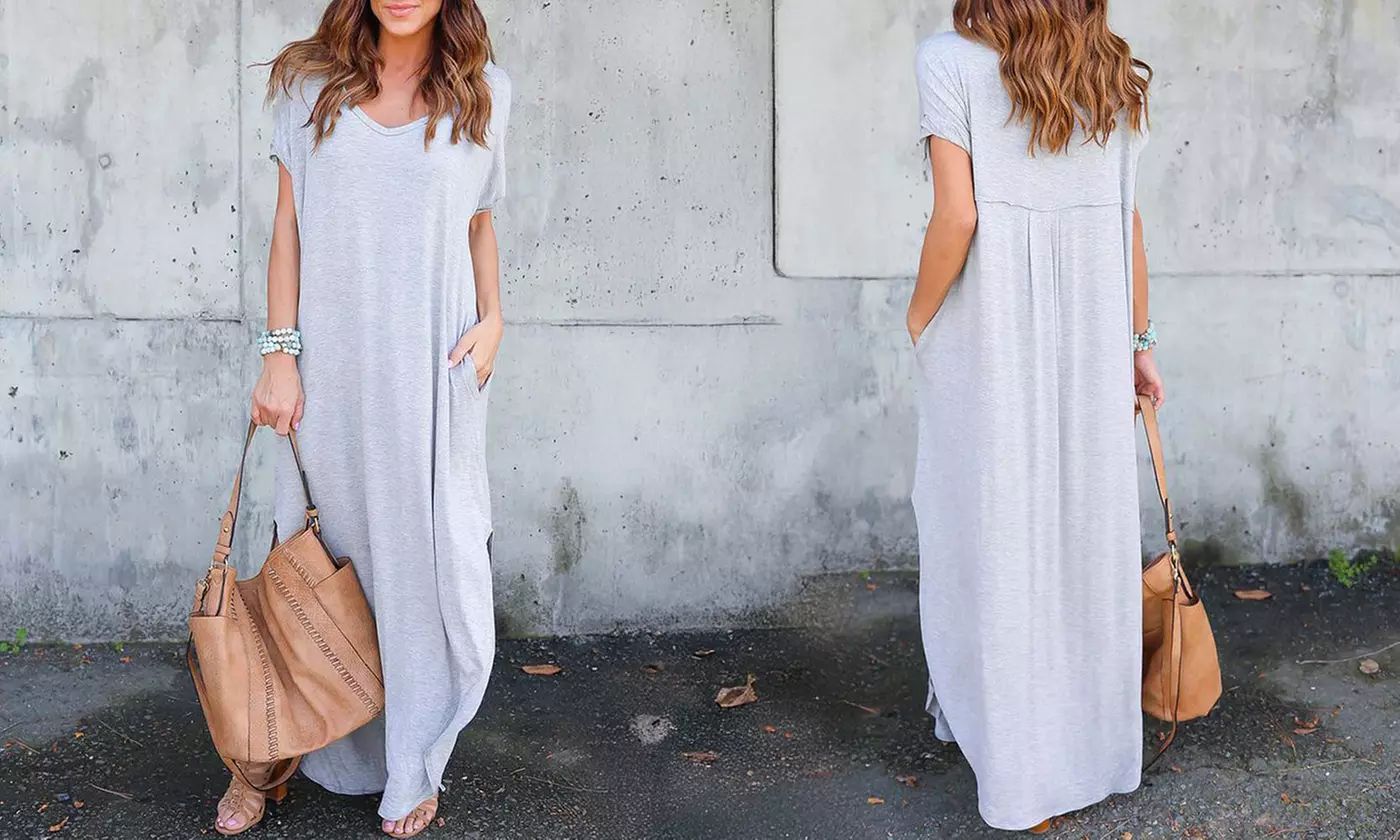 Women Summer Beach Casual Sexy Split Maxi Shirt Dress Short Sleeve Long Dresses