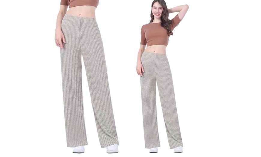 Image 18: Wide Leg Rib Knit Casual Bottoms